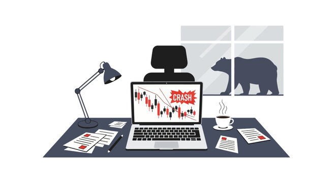 Stock market crash and bear market desk scene
