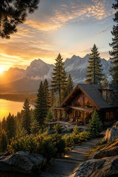 Beautiful wooden cabin surrounded by mountains and pine fores