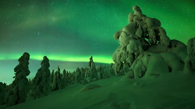 Aurora borealis over snowy pine forest at night