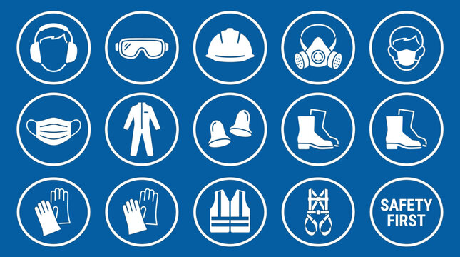 Grid of safety icons showing essential personal protective equipment for workplace hazard prevention and occupational protection practices