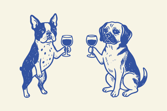 Boston terrier and pug dogs drinking wine Vector, illustration