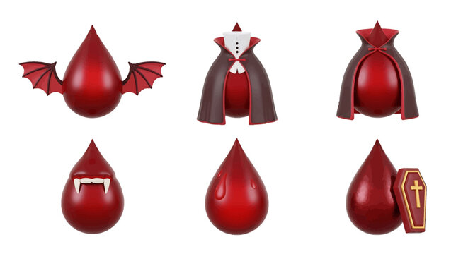 A vampire in a cape with a bat wing and blood drops surrounded by a cross and star on a white background.