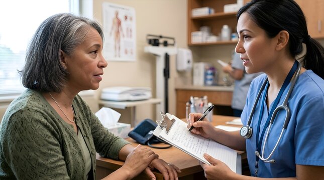 Female doctor consulting with elderly patient in clinic exam room, healthcare concept