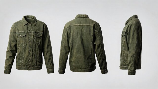 Olive green denim jacket front back and side views for product mockups and e-commerce listings
