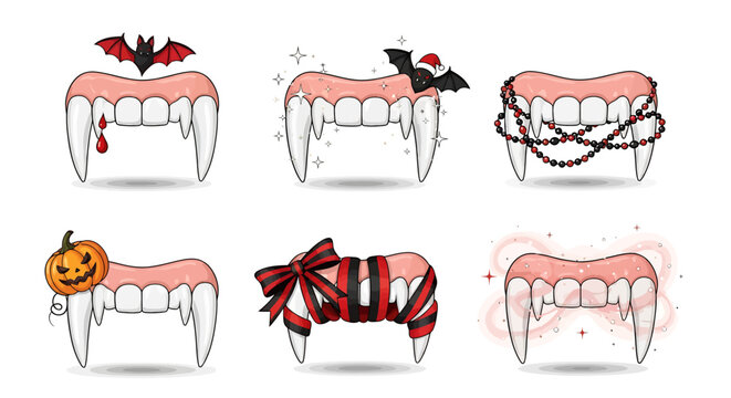Halloween-themed teeth illustrations showcase fangs with vampire bats, blood, spiders, jack-o-lanterns, and ribbons.