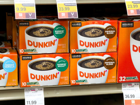 Dunkin Coffee Pods Displayed On Retail Store Shelf