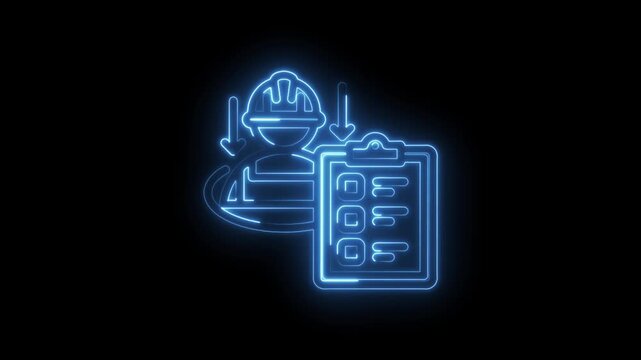 Neon blue outline of construction worker with hard hat and checklist on clipboard icon