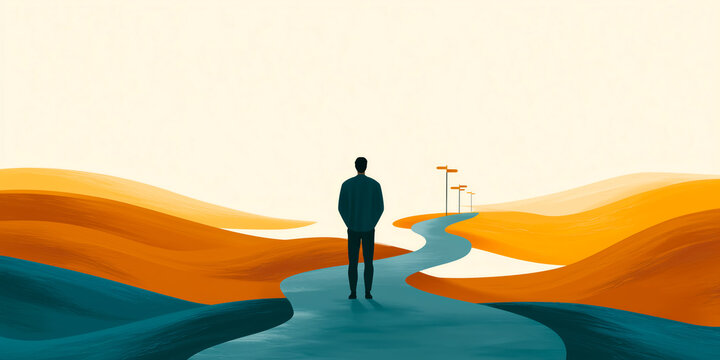 Painterly illustration of a dark silhouette standing at a winding teal crossroads path surrounded by orange sand dunes and distant signposts symbolizing life decisions and career choices