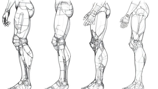 Four sequential studies of a mechanical figure's legs and arms in profile