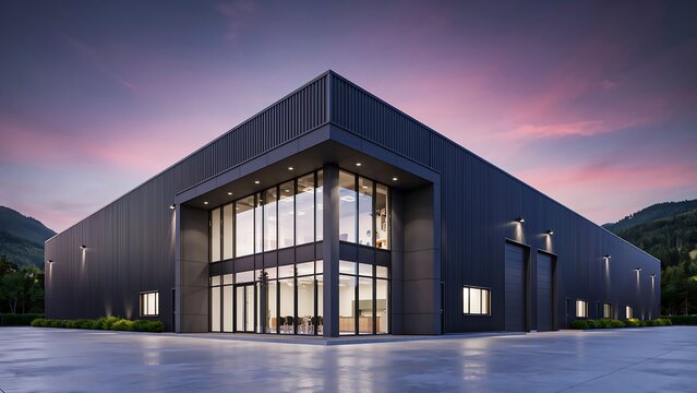 Modern industrial warehouse building exterior with contemporary commercial architecture