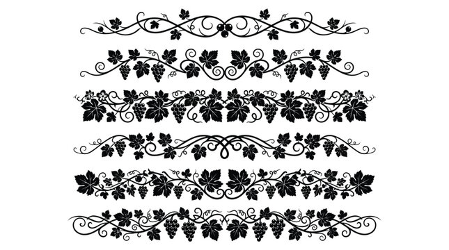 Elegant black vine and grape branch border dividers featuring intricate swirly patterns for artistic decoration