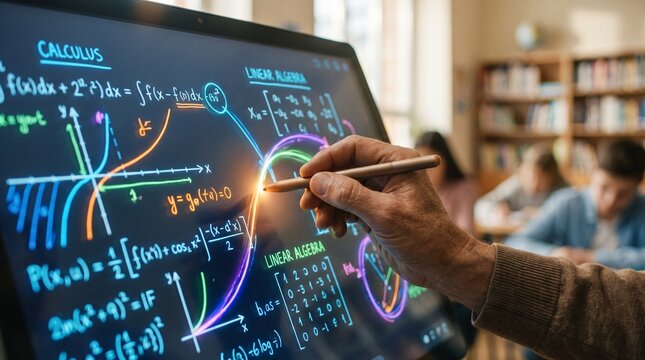 Teacher hand using stylus to solve math equations on digital screen