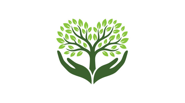 A vibrant green heart shaped tree growing from two protective cupped hands in flat style