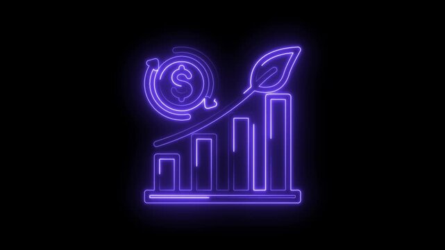 Neon glowing financial growth chart with dollar sign and leaf icon symbolizing economic success