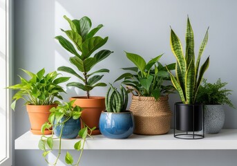 Fototapeta premium Group of green house plants in decorative pots on a shelf