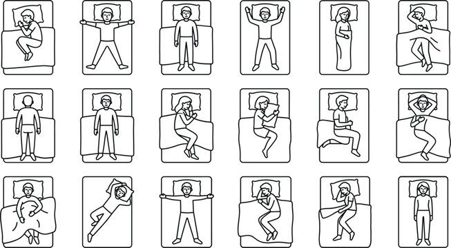 People sleeping in different positions line icons set, single person bedtime postures outline illustrations vector