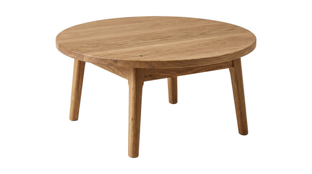 Round wooden coffee table with three tapered legs and natural grain finish furniture on isolated background png.