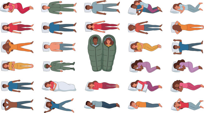 People sleeping in different positions set, couples and single persons bedtime postures illustrations collection vector