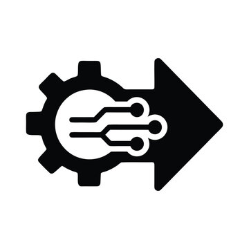 Gear with circuit lines merging into an arrow symbolizing technological advancement and forward motion in vector silhouette