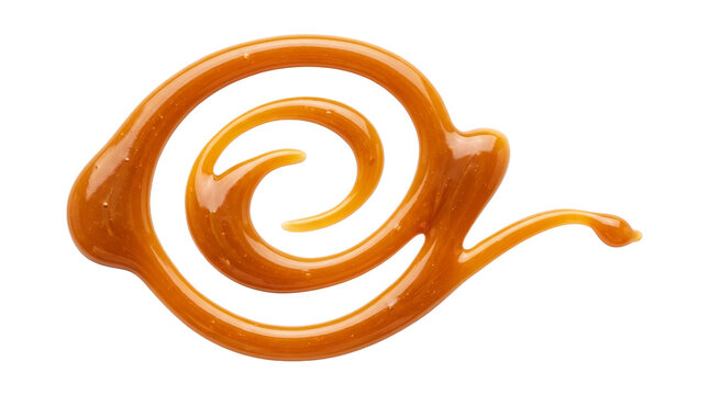 Swirl of sweet liquid caramel sauce isolated on transparent background high quality food graphic design element.