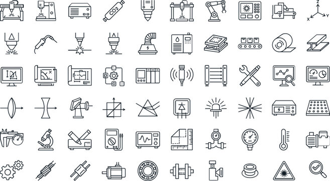 Industrial laser cutting machine, factory automation and manufacturing physics engineering line icons set vector