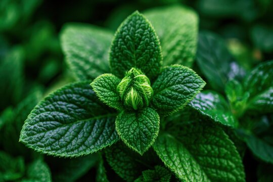 Fresh green mint leaves macro closeup, organic herb plant with vibrant texture. Natural healthy botanical ingredient for tea