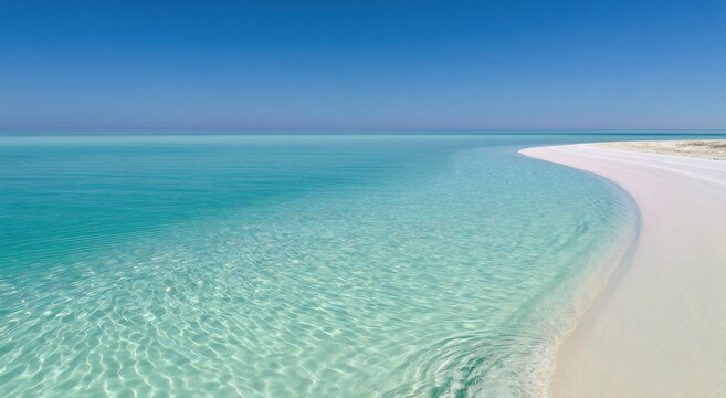 Tropical sandbank beach with curved coastline crystal clear turquoise sea. Exotic island paradise perfect summer vacation