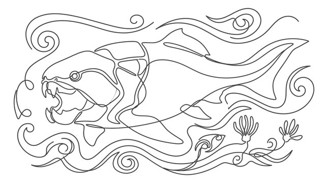 Minimalist Dunkleosteus prehistoric fish vector line art illustration. Armored placoderm swimming through stylized ocean waves. Continuous line drawing of ancient marine predator.