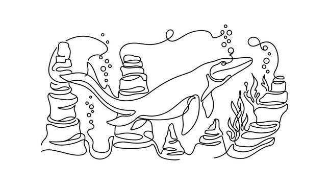 Continuous one-line drawing of a Mosasaurus swimming underwater through rock formations and seaweed, minimalist prehistoric marine reptile illustration with air bubbles on white.