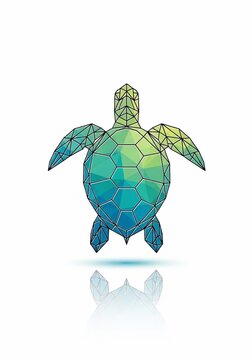 Low-poly geometric sea turtle, blue green gradient, abstract aquatic animal, digital art, clean background