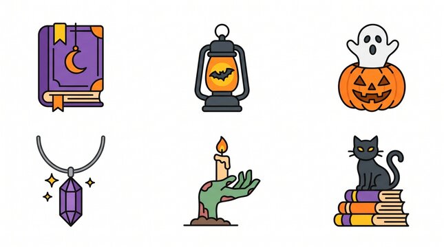 A charming collection of Halloween and magic icons, featuring a spellbook, ghost in pumpkin, lantern, crystal necklace, zombie hand with candle, and a black cat