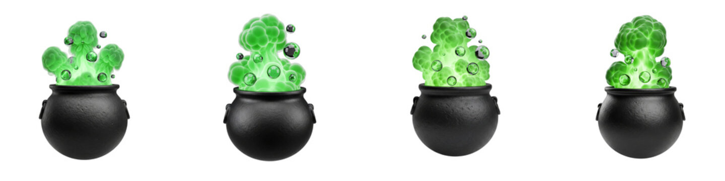 Four black witch cauldrons with bubbling green magical potion isolated