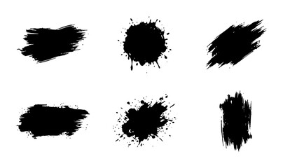 Fototapeta premium Set of 6 Black Ink Splatter and Brush Stroke Vector Elements, Grunge Texture Paint Smear Graphics for Artistic Design