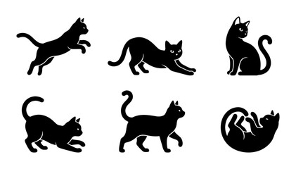 Obraz premium Six Black Cat Silhouettes, Vector Icons Set: Playful Feline Poses, Elegant Animal Graphics for Design Projects