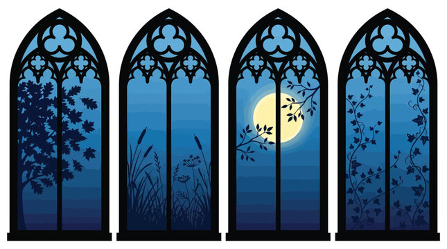 Decorative gothic window frames featuring intricate black silhouettes of plants and trees against blue night skies
