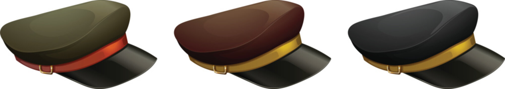 Set of military and captain peaked caps isolated on white background.Three retro service caps for police security and transport authority personnel.