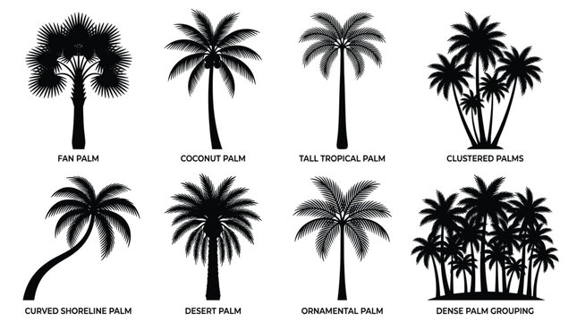 Palm tree silhouette collection diverse tropical plants for vacation nature design elements
