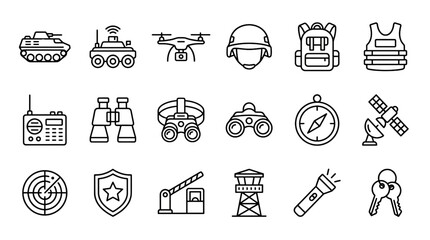 Fototapeta premium Military Technology Line Art Icon Collection with Armored Vehicle Robot Drone and Security Equipment Vector Set