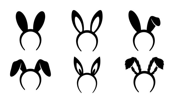 Set of 6 Black Bunny Ear Headbands, Easter Costume Accessories, Festive Party Headwear Vector Icons