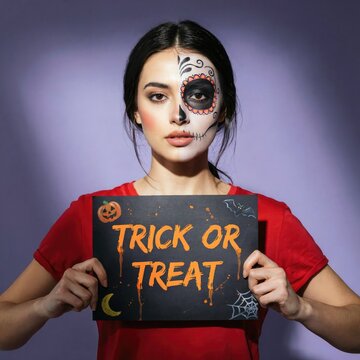 Halloween portrait woman with sugar skull makeup holding 'trick or treat' sign