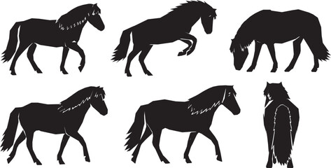 Set of six horses. black silhouette of various horse poses including walking, running, and grazing on transparent background. © Sheplob