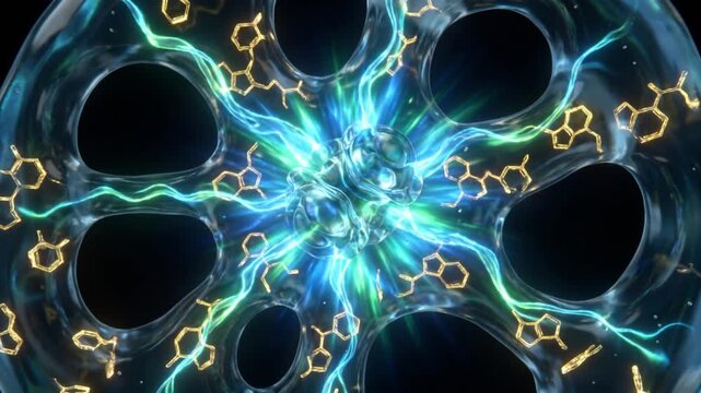 網膜の光伝達カスケードにおける酵素の活性化と分子構造の分解を描く医療用抽象CGアニメーション