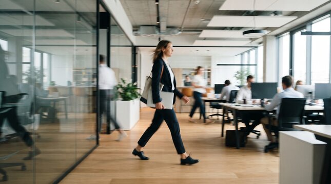 Motion-blurred woman walking through a bright minimalist office while holding a laptop