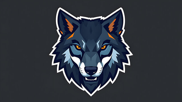Geometric low-poly stylized wolf head vector t-shirt graphic, aggressive sharp angles, bright electric blue and luminous orange accents, solid dark charcoal background, simple flat vector design, stic