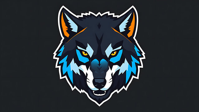 Geometric low-poly stylized wolf head vector t-shirt graphic, aggressive sharp angles, bright electric blue and luminous orange accents, solid dark charcoal background, simple flat vector design, stic
