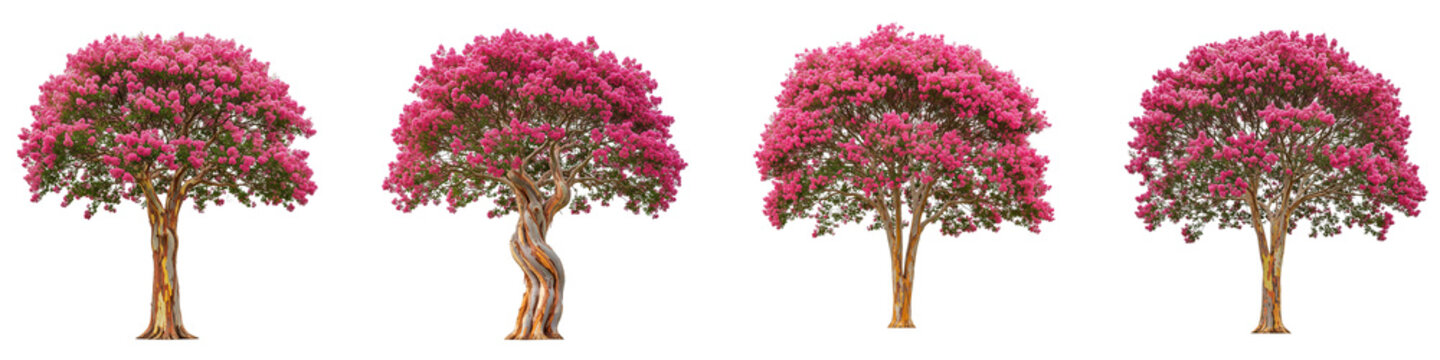 Four blooming pink crepe myrtle trees isolated on black background