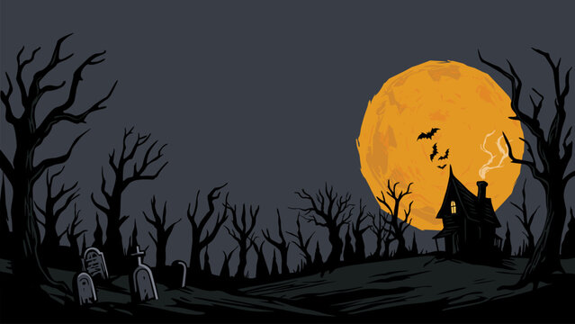 Silhouette cemetery landscape at night with dead tree, bats, haunted mansion and large full moon have blank space.