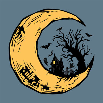 Silhouette dead tree, bats, crow, ghosts, haunted mansion and graveyard on creasant moon with night sky square background