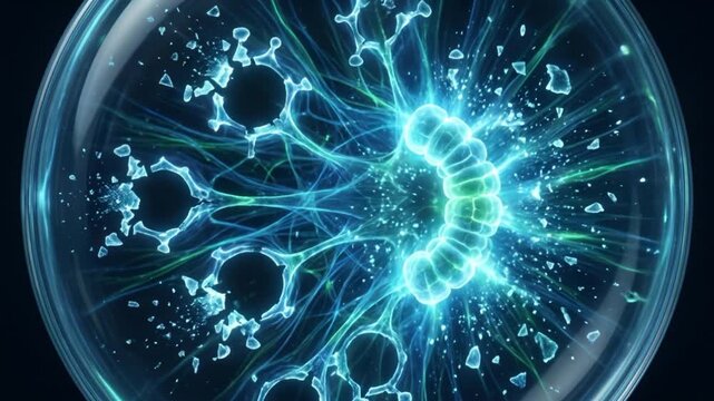 網膜の光伝達カスケードにおける酵素の活性化と分子構造の分解を描く医療用抽象CGアニメーション