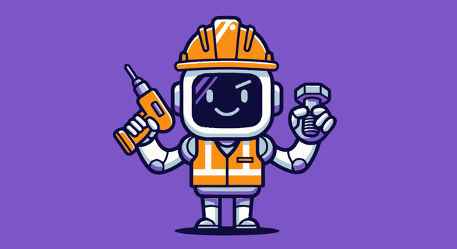 Cheerful Cartoon Robot Construction Worker Holding Tools.